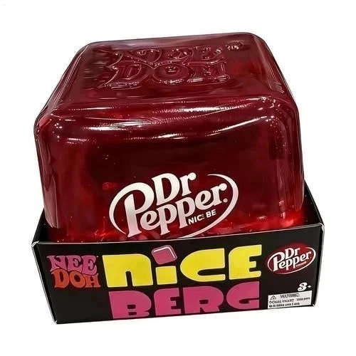 Close-up of Dr Pepper themed squishy toy can